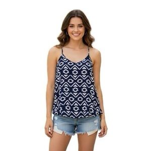 No Boundaries Navy white Ikat Racerback Tank Top‎ Geometric Camisole Lg 11-14
